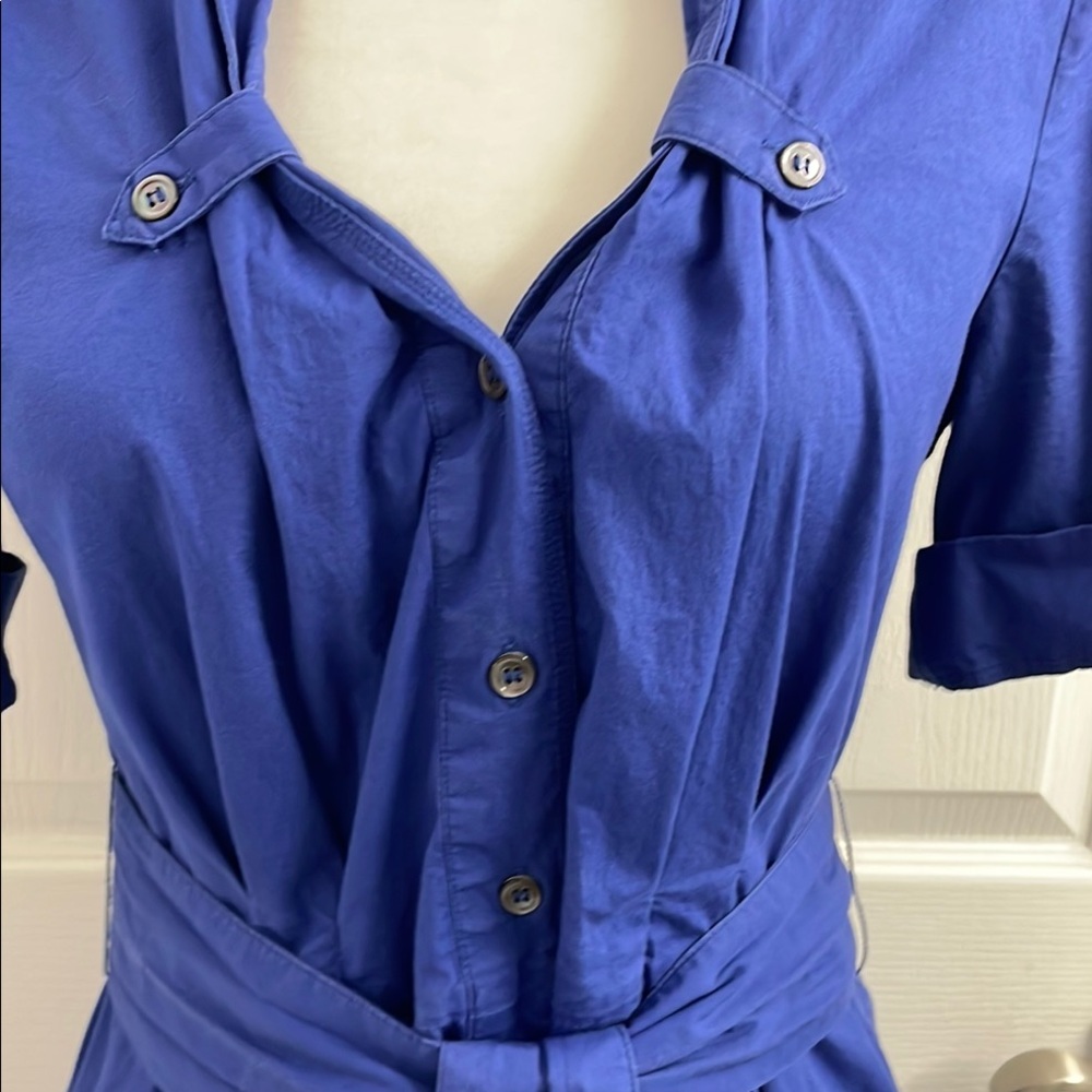 Jacob Blue Buttoned Midi Shirt Dress with Notched Collar & A-Line Skirt - Picture 5 of 15